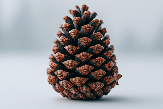 Single textured brown pine cone isolated on a blurred background with forest element