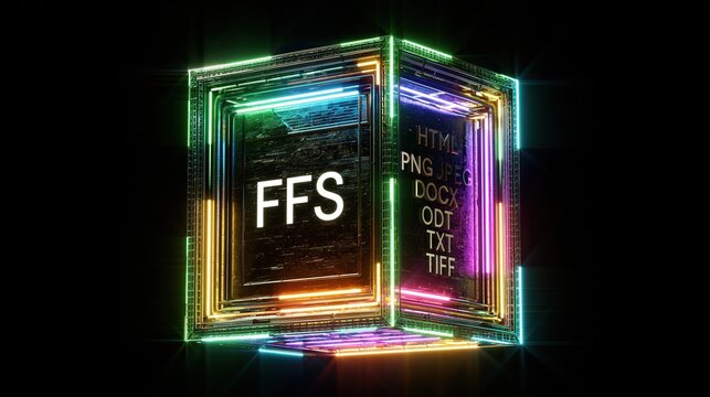 Neon glowing cube displaying file formats on dark