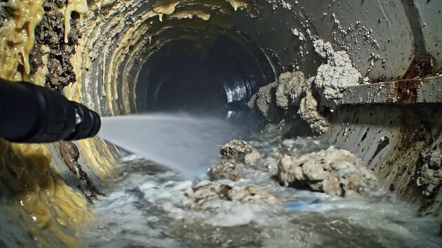 High-pressure cleaning dislodges stubborn blockage in dirty pipe