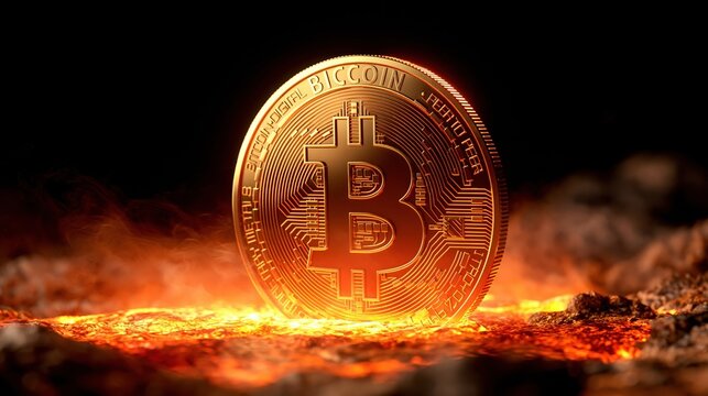 Golden cryptocurrency coin resting in glowing lava