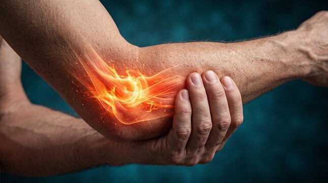 Close up of a man's arm showing burning elbow pain with a glowing orange flame effect on the joint symbolizing inflammation or arthritis