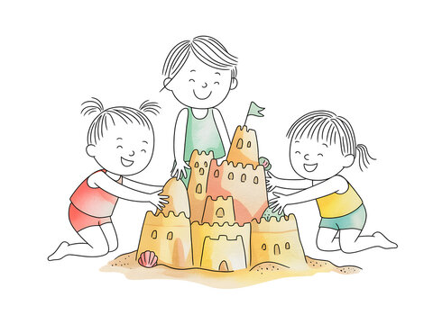 Watercolor children building sandcastle on beach summer illustration