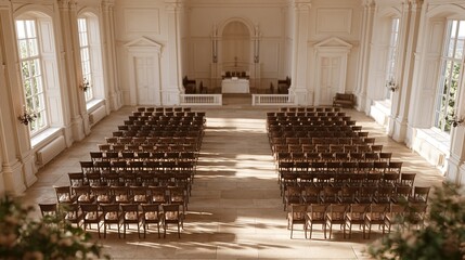 Obraz premium Sunlit chapel interior with rows of wooden chairs