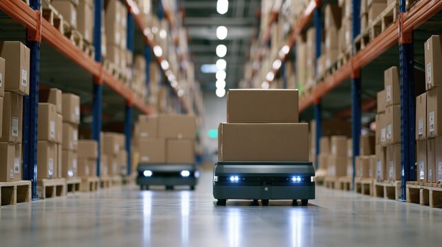 warehouse robot carrying boxes down aisle