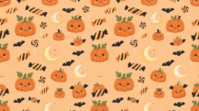 Halloween pattern with cute smiling pumpkins and candy on orange halloween seamless skeleton decoration celebration mystical
