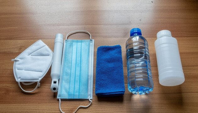 Hygiene and safety kit with face masks, thermometer, and sanitizer on wooden surface