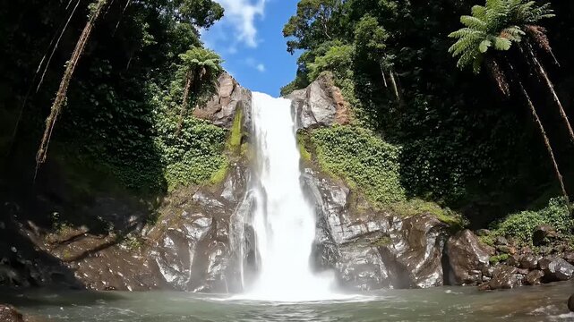 Lush tropical jungle surrounds a powerful cascade plunging over rocky cliffs