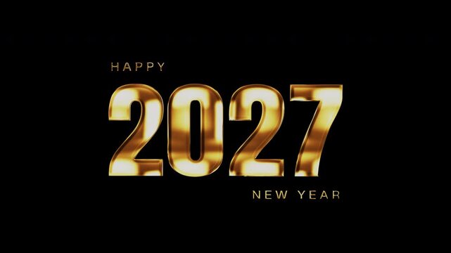 Happy New Year 2027 glow golden text flickering shine light effect animation on black background. Isolated alpha channel Apply prores 444