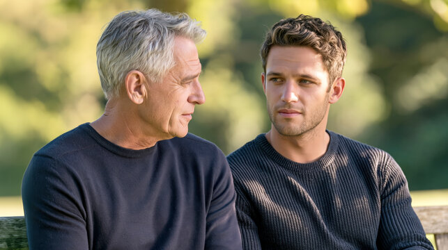 Thoughtful elderly man and young man having serious outdoor conversation