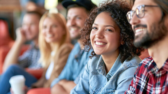 Group of diverse young adults smiling and enjoying casual gathering indoors