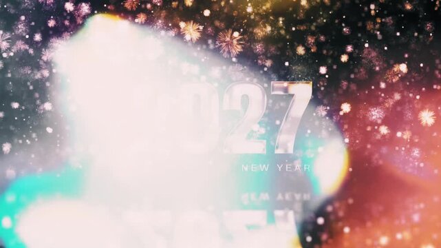 2027 Happy New Year golden text shine light effect with glow blue snowflake particles falling on black abstract background