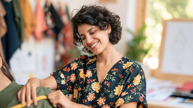 Young woman smiling while choosing colorful fabric in bright design studio