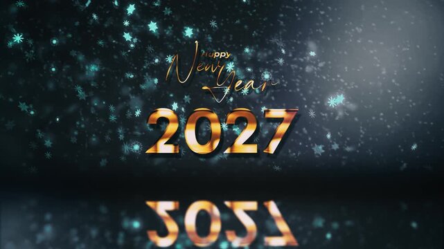 2027 Happy New Year golden text shine light effect with glow blue snowflake particles falling on black abstract background