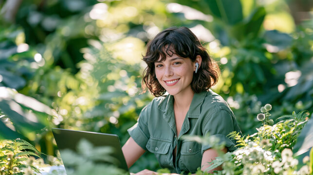 Young woman working outdoors with laptop in lush green garden smiling