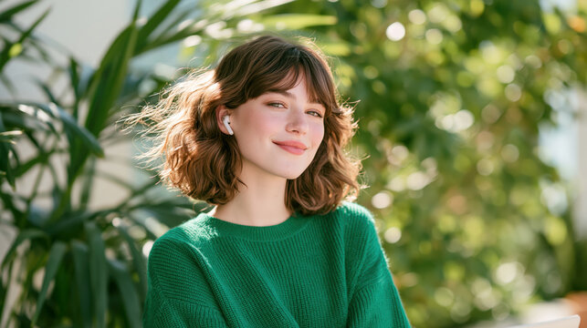 Young woman with short wavy hair wearing green sweater and wireless earbud