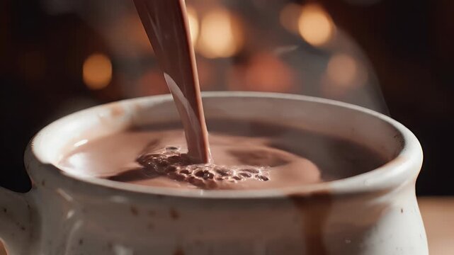 Hot chocolate poured into a rustic mug with a cozy, blurred background