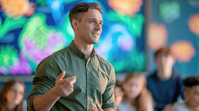 Dynamic male educator presenting ideas to students surrounded by vibrant background visuals