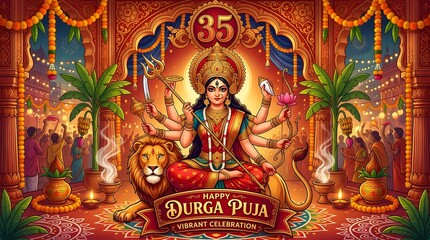 Fototapeta premium Durga Puja celebration illustration with goddess Durga on lion surrounded by vibrant decorations