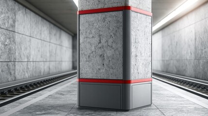 Obraz premium Modern concrete subway station pillar with red accents