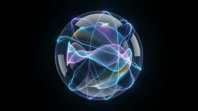 Abstract Glowing Blue Orange Purple Light Sphere with Flowing Wave Patterns, Luminous Orbital Lines and Futuristic Digital Energy Motion on Black Background for Quantum Technology Science
