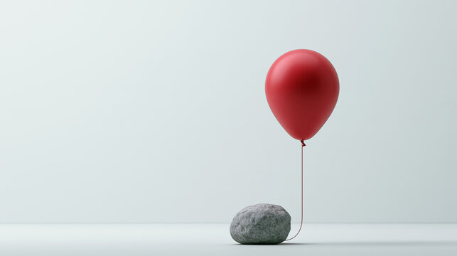 Single Red Balloon Tethered to a Grey Stone on a Pale Background
