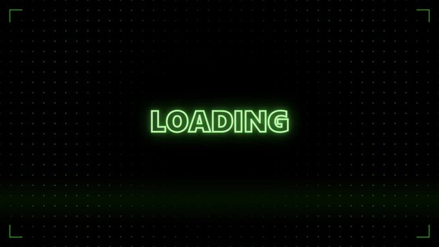 Loading screen motion graphic with neon text on dark background.