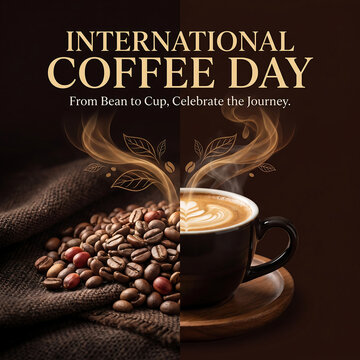 International Coffee Day coffee cup with flowing beans