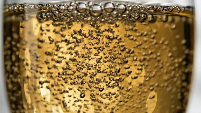 Golden liquid fizzes with bubbles, light shimmers through glass
