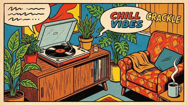 Retro Comic Book Illustration of Cozy Living Room with Vintage Turntable, Vinyl Records, Armchair, and Houseplants