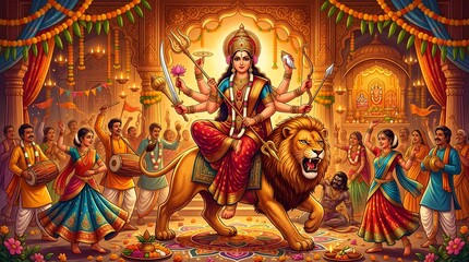 Fototapeta premium Goddess Durga riding lion with multiple arms holding weapons and flowers in vibrant temple setting