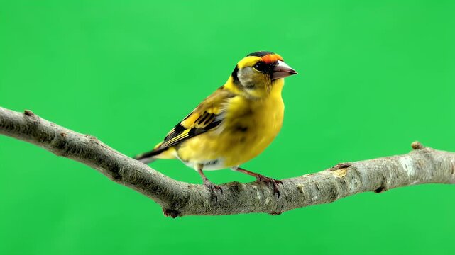 Brightly colored small bird with yellow, black, and red markings perches on a branch