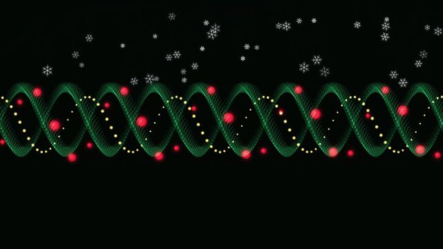 Christmas Garland Helix Wave with Red Baubles and Falling Snowflakes Loop, Holiday Border Background