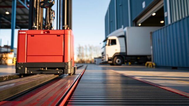 red forklift and truck at loading dock