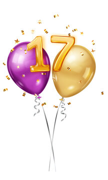 Bright purple and gold balloons with 17 forming on them, surrounded by festive golden confetti.