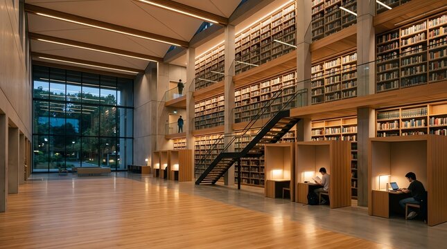 Modern interior of public library with multi level bookshelves and reading booths