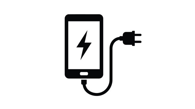 Minimalist mobile phone charging vector illustration featuring simple black symbols for modern digital electronic device power