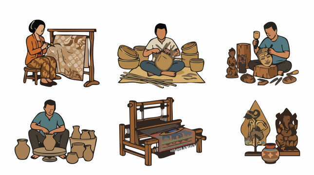 Vector illustration set of traditional Indonesian artisans crafting pottery, wood carving, and weaving.