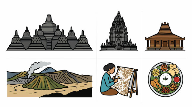 Vector set of Indonesian historical monuments, Borobudur temple, Prambanan, Mount Bromo, and wayang.