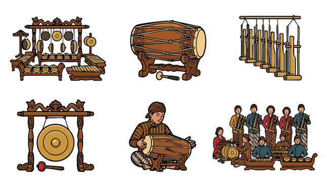 Vector set of Indonesian traditional musical instruments, Angklung, Gamelan, Gong, and musicians.