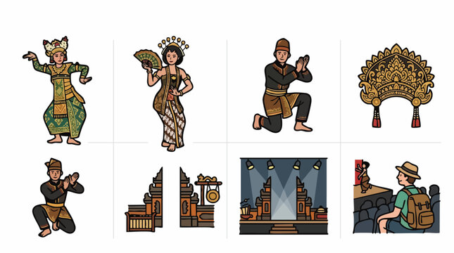 Vector set of traditional Indonesian dancers performing Reog Ponorogo, Pendet, and Wayang Wong.