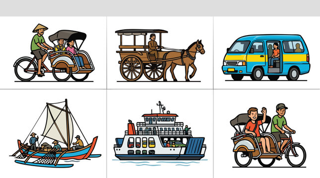 Vector set of traditional Indonesian transportation, rickshaw becak, horse cart dokar, and ferry boat.