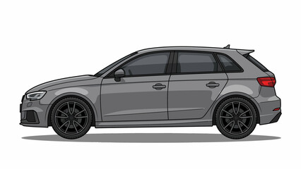 Fototapeta premium Side view illustration of a modern grey hatchback car with black wheels and tinted windows, isolated on a white background.