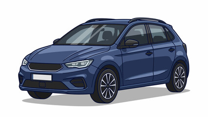 Fototapeta premium Modern blue hatchback car parked on a white background, clean design.