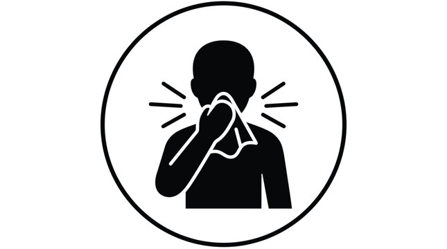Minimalist vector illustration showing a sick person sneezing into a tissue within a clean circular frame