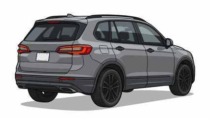 Fototapeta premium Modern gray SUV parked on a white background, viewed from the rear three-quarter angle.