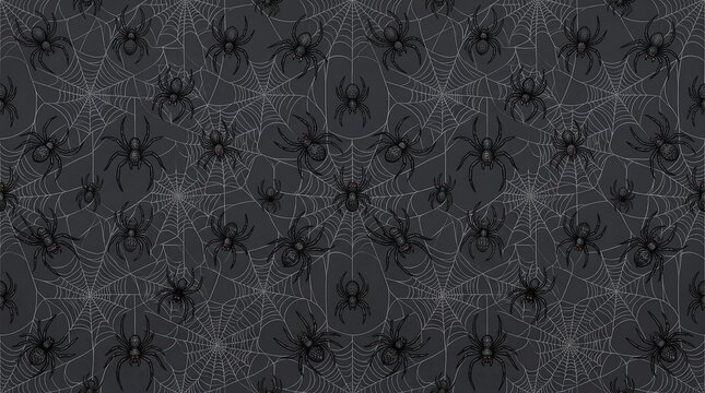 Detailed black spiders cobwebs charcoal pattern, a seamless repeating pattern for fabric wrapping paper and surface design