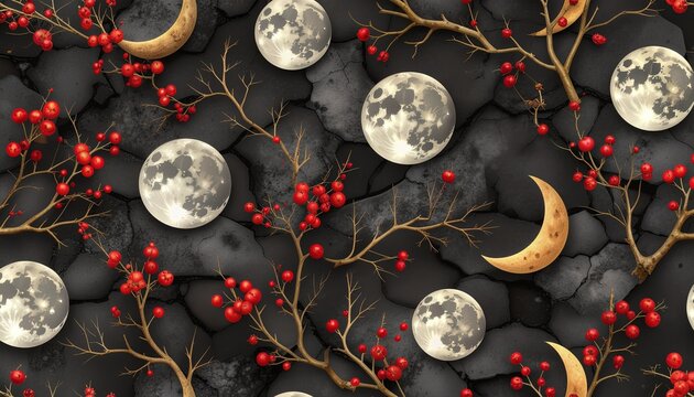 Gothic botanical branches moons charcoal repeat, an elegant gothic seamless pattern for wallpaper textiles and packaging