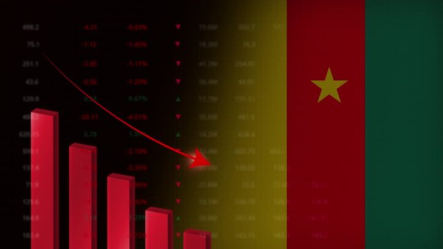 Economic crisis in Cameroon concept background.Red falling graph animation with Cameroon flag.Stock market crash