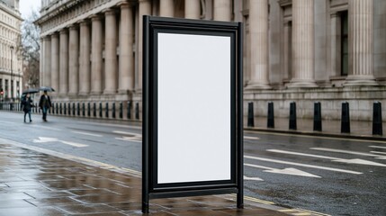 Obraz premium Empty black street sign frame on wet city