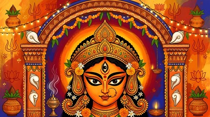 Obraz premium Traditional Hindu goddess illustration with ornate temple background and decorative elements